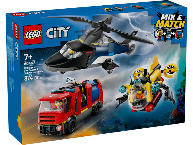 LEGO City Sraigtasparnio, ugniagesių automobilio ir povandeninio