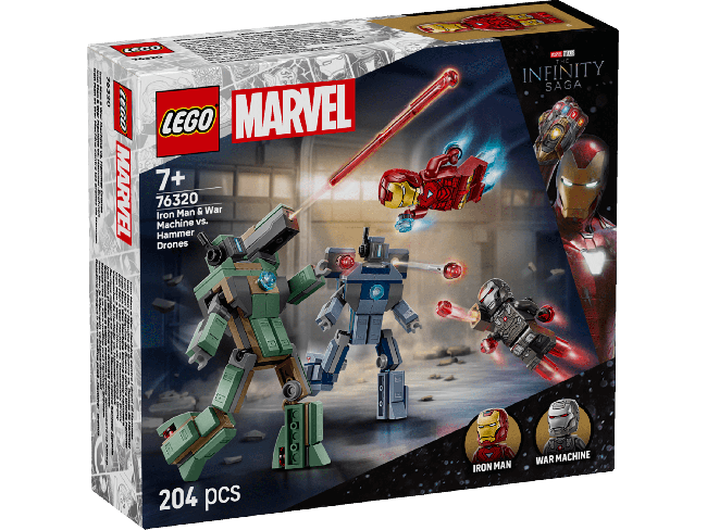 LEGO Marvel Geležinis žmogus ir Karo mašina prieš „Hammer“ dronus